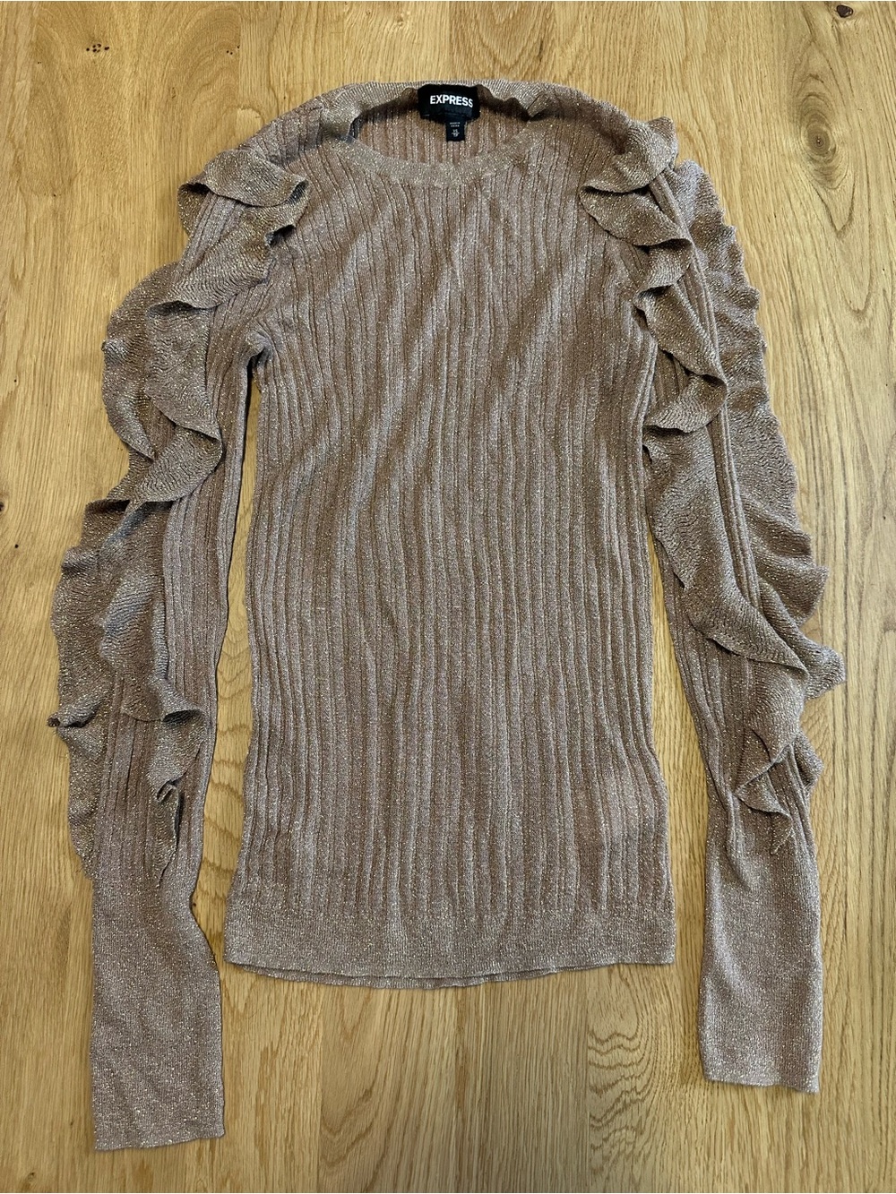 Express Tan and Gold Metallic Ruffle-Sleeve Crewneck Sweater